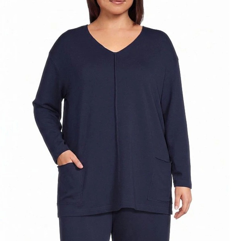 Bryn Walker Bamboo Organic Cotton V-neck Tunic 3XL Navy Blue Pockets Lagenlook